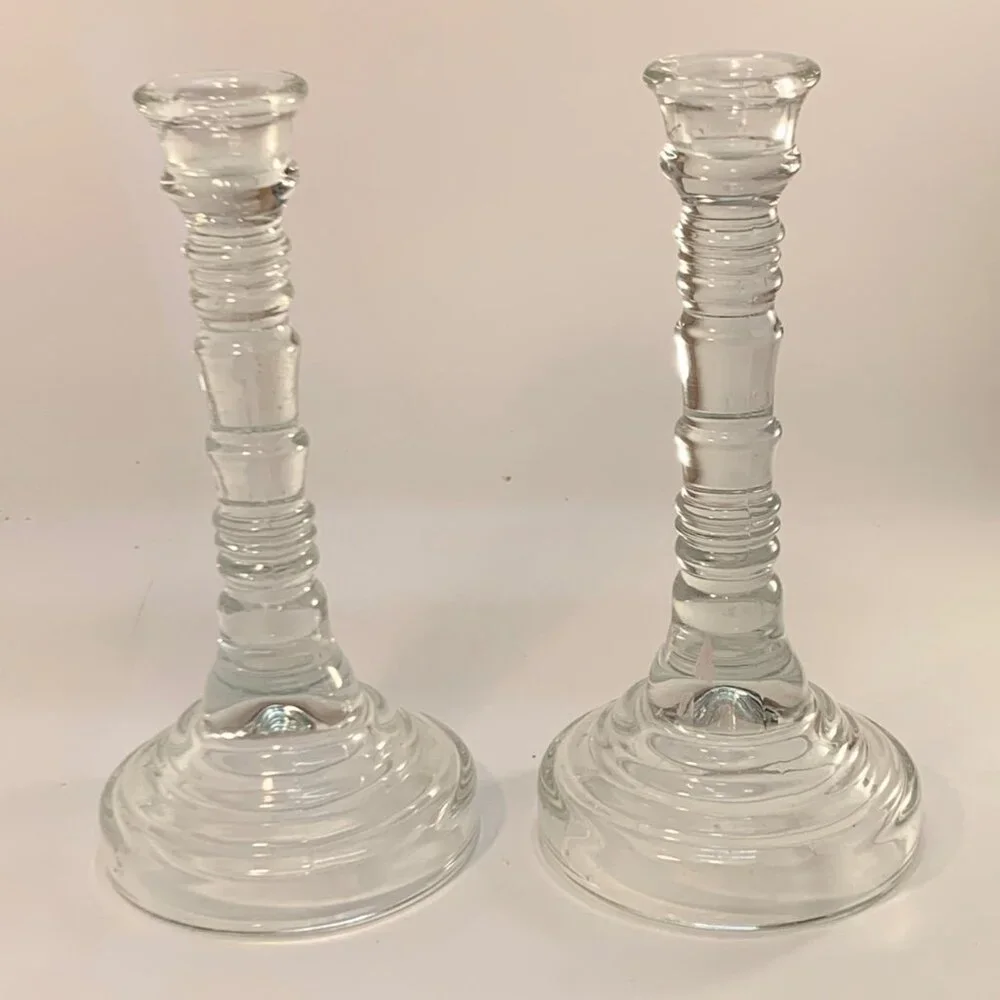 Glass Candlestick Holders Pair Ribbed Design Clear Elegant‎ 9